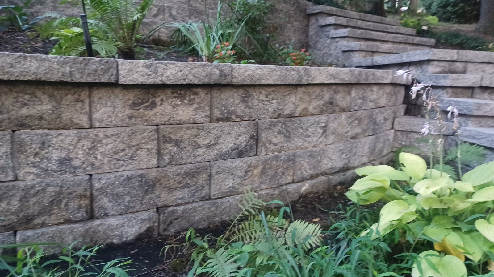 Stone retaining wall with plants in front and on top.