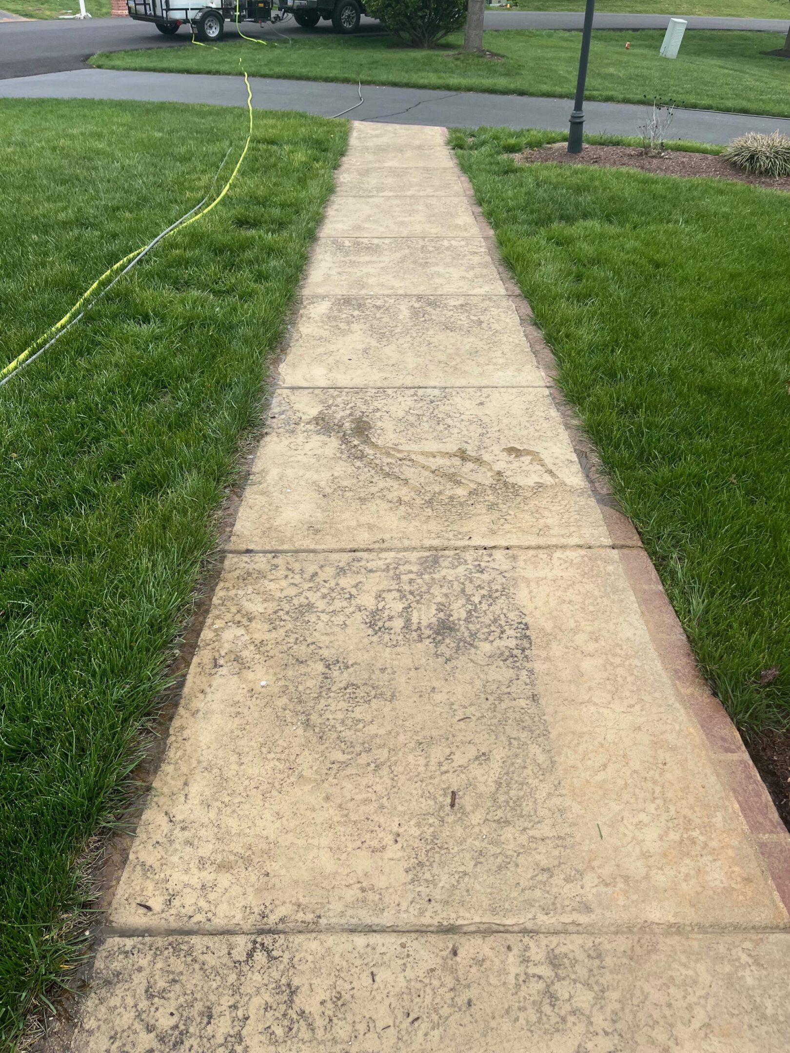 Concrete sidewalk with grass on both sides.