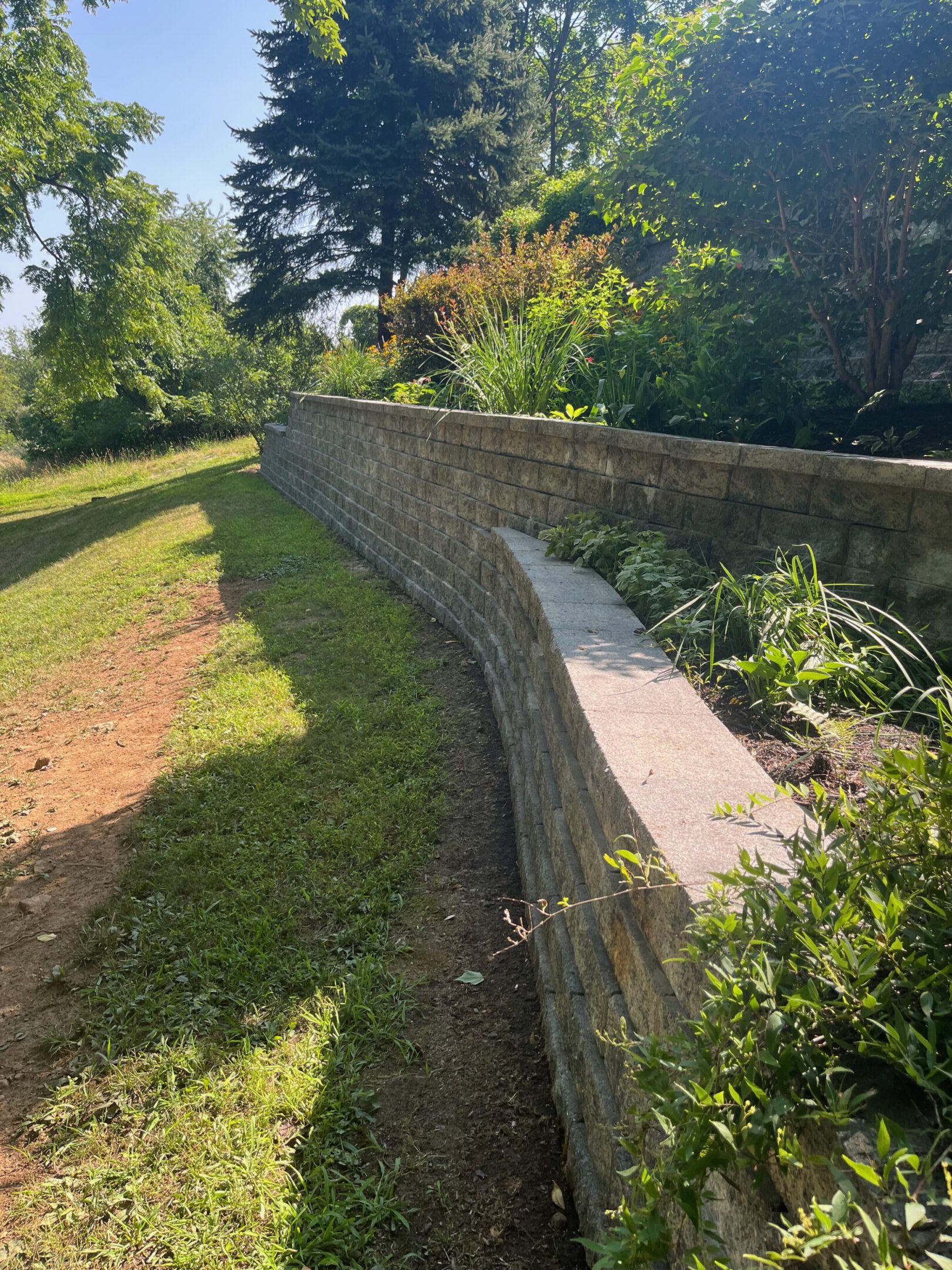 Curved stone wall with plants and garden path in sunlight.